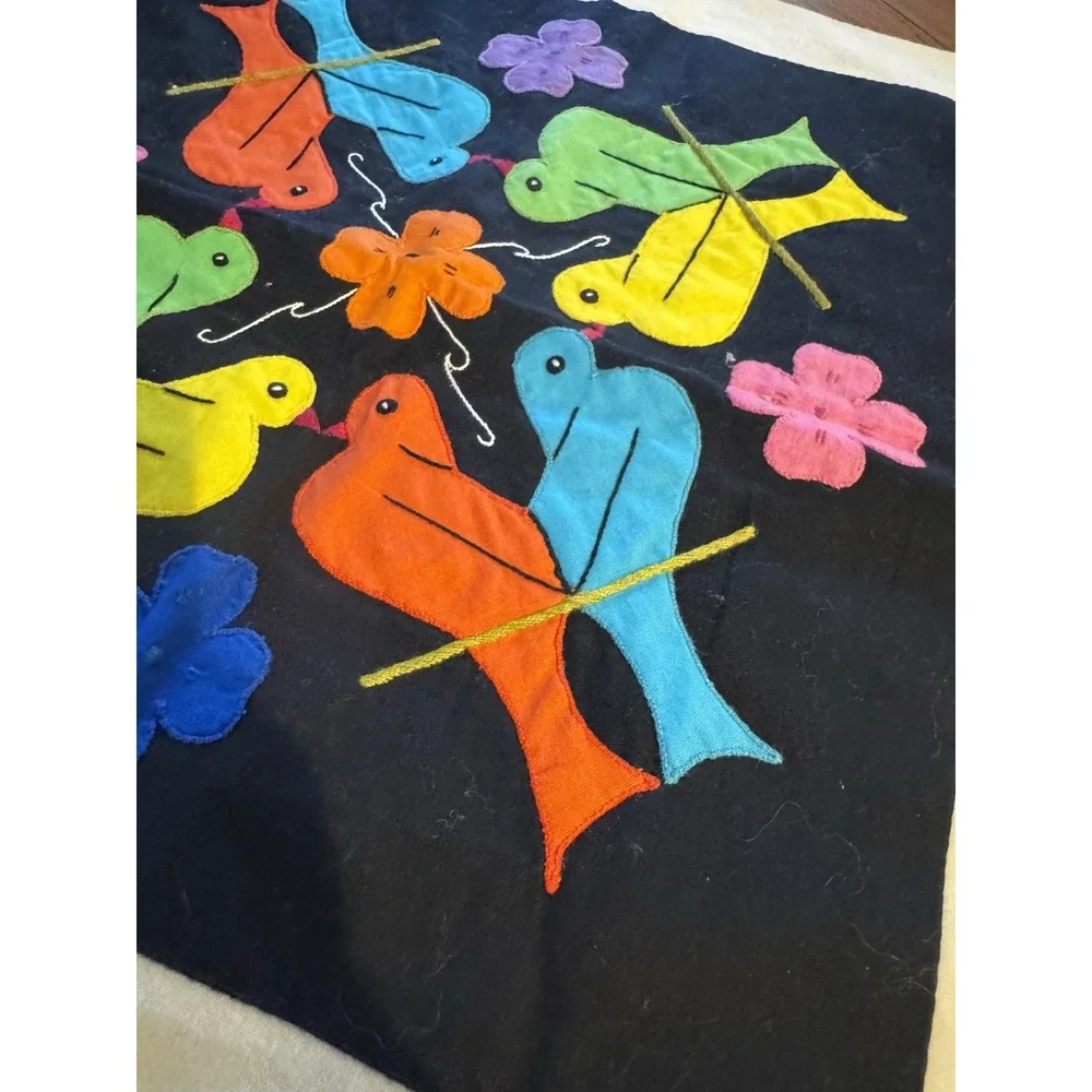 Vintage Embroidered Colorful Birds Wall Hanging Tapestry 16x16‎ India Made 70s